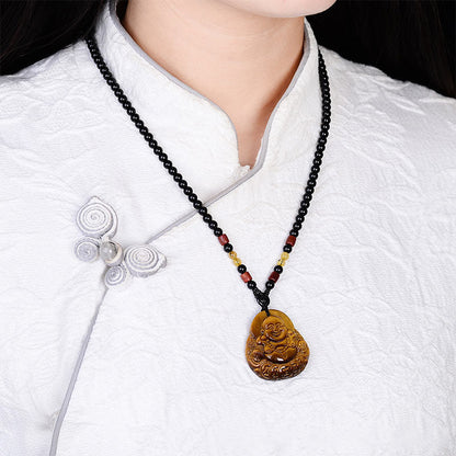 Mythstone Tiger's Eye Laughing Buddha Blessing Necklace