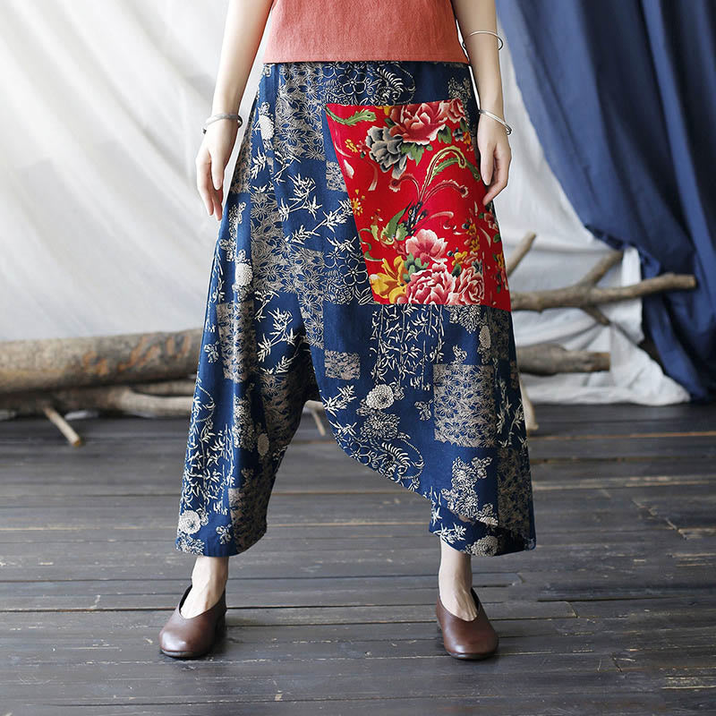 Pantalones harén de lino y algodón con bolsillos, diseño de peonías rojas, bambú azul y crisantemo, patchwork 