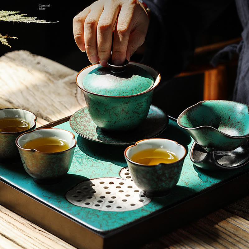 Mythstone Retro Green Glaze Ceramic Gaiwan Sancai Teacup Kung Fu Tea Cup And Saucer With Lid