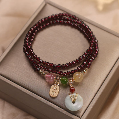 MythStone Natural Garnet Strawberry Quartz Crystal Fox Koi Fish Peace Buckle Fortune Protection Triple Wrap Bracelet