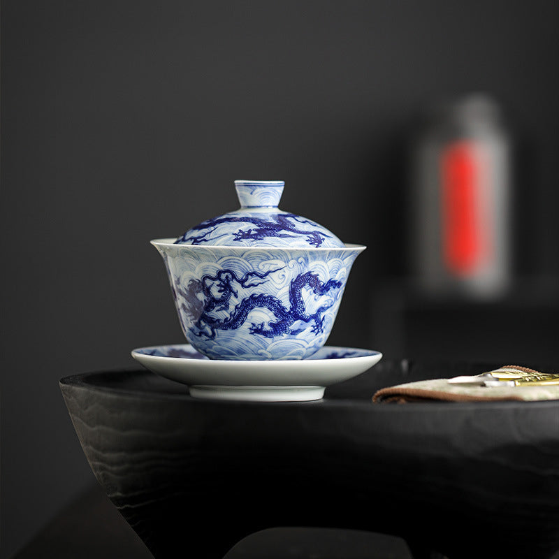 Mythstone Blue and White Dragon Pattern Porcelain Gaiwan Sancai Teacup Kung Fu Tea Cup And Saucer With Lid