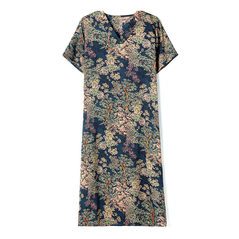 Mythstone V-Neck Tree Leaves Short Sleeve Midi Dress With Pockets