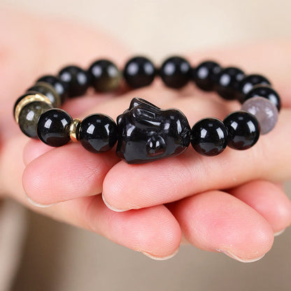 Mythstone Gold Sheen Obsidian Black Obsidian Silver Sheen Obsidian Cute Rabbit Protection Bracelet