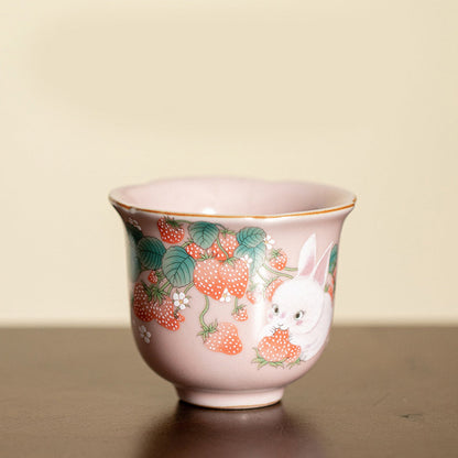 Mythstone Cute Strawberry Rabbit Flower Ceramic Teacup Kung Fu Tea Cup 55ml