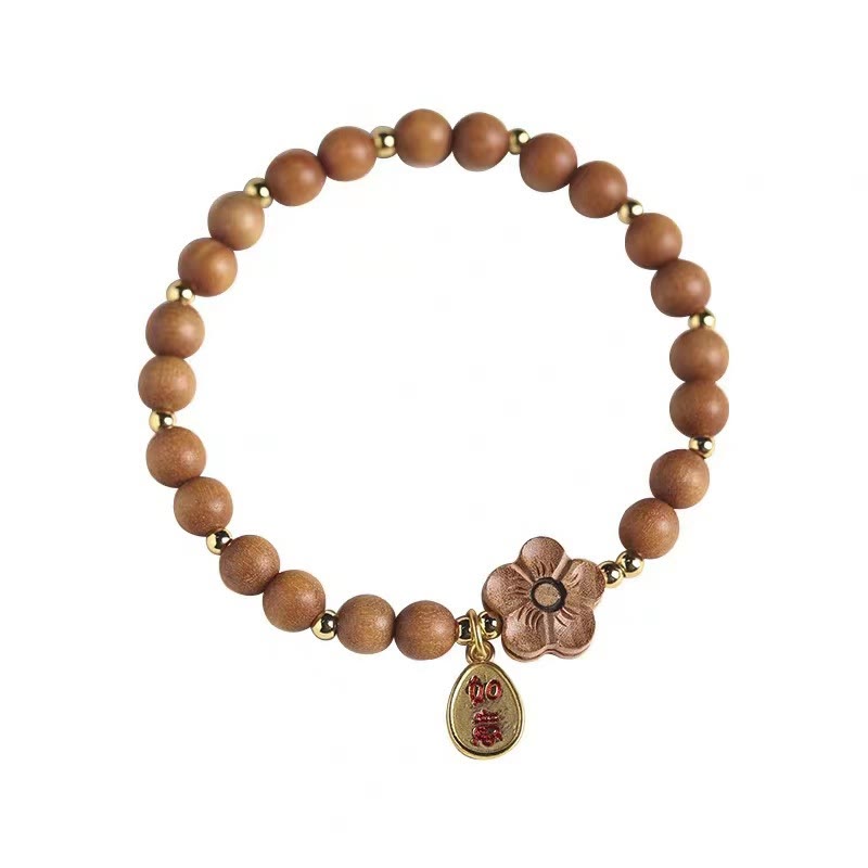 Mythstone Natural Sandalwood Peach Blossom Small Leaf Red Sandalwood Ruyi Charm Protection Bracelet