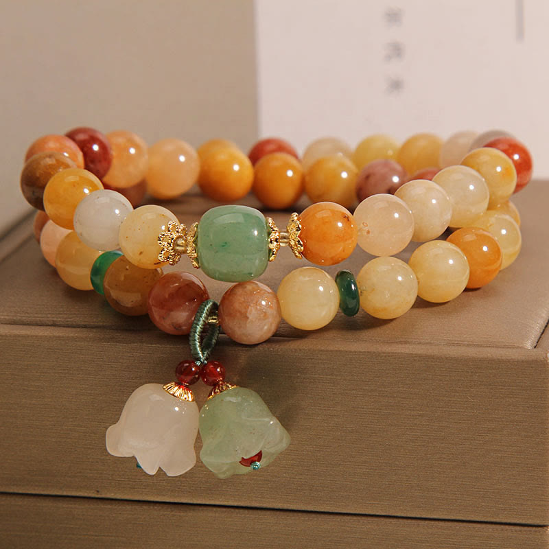 Mythstone Tibet Natural Golden Silk Jade Double Layer Bell Orchid Luck Bracelet