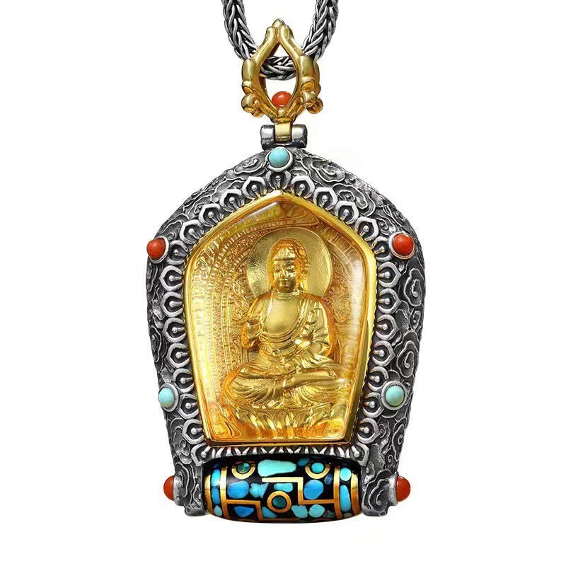 Mythstone Tibet Chinese Zodiac Natal Buddha Thangka Prosperity Rotatable Dzi Bead Necklace Pendant