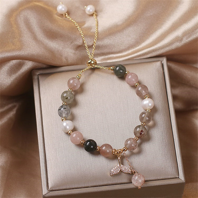 Mythstone Strawberry Quartz Rutilated Quartz Fishtail Charm Healing Bracelet