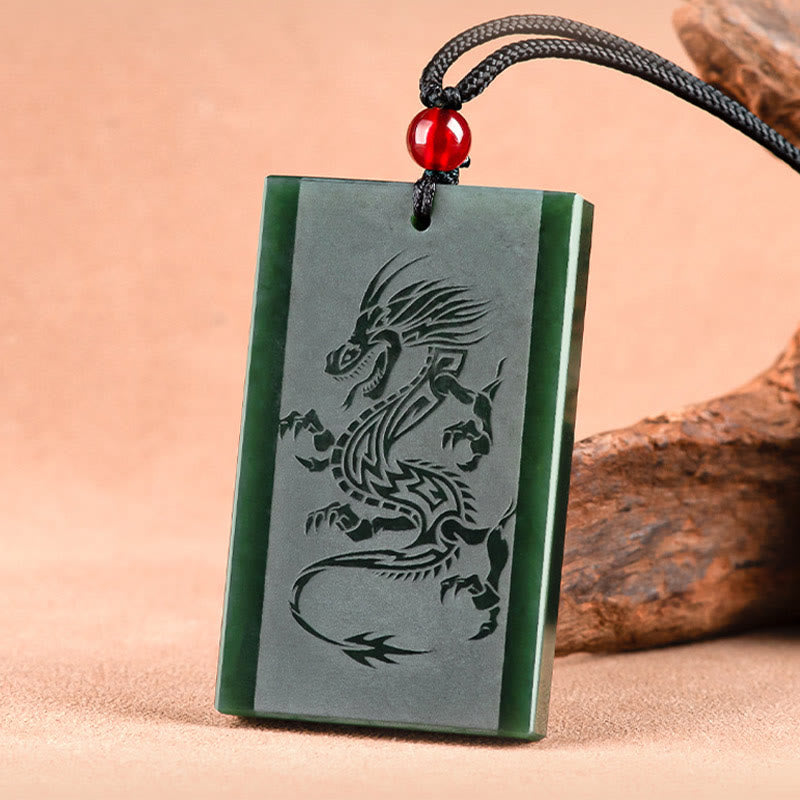 Mythstone Hetian Cyan Jade Dragon Engraved Success Necklace Pendant