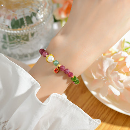 Mythstone Natural Multicolored Tourmaline Pearl Auspicious Character Charm Wisdom Bracelet