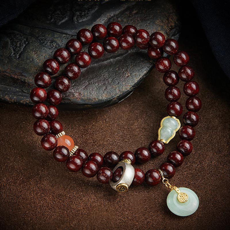 Mythstone Chinese Zodiac Natal Buddha Small Leaf Red Sandalwood Jade Red Agate PiXiu Sooth Bracelet