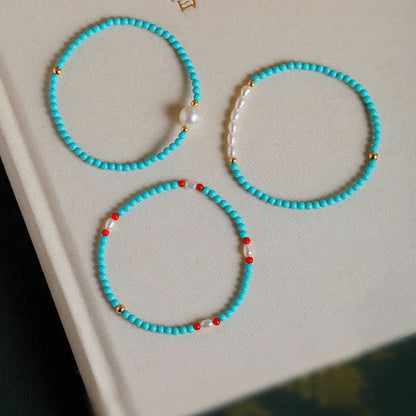 Mythstone Turquoise Red Agate Pearl Small Beaded Protection Bracelet