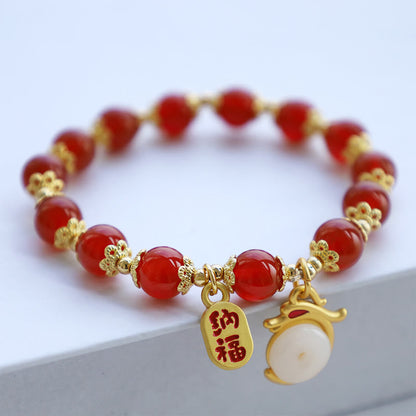 MythStone Year of the Dragon Red Agate Green Aventurine Peace Buckle Fu Character Lucky Fortune Bracelet