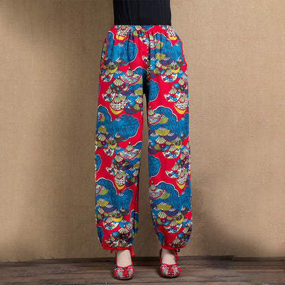 Mythstone Fan Cashew Flower Pattern Cotton Linen Harem Pants With Pockets