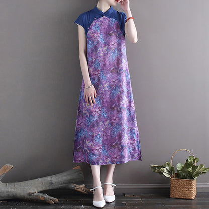 Mythstone Vintage Purple Flower Print Ramie Linen Cheongsam Midi Dress With Pockets