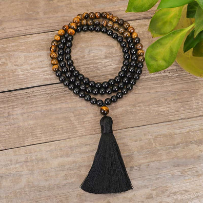 MythStone Tibetan Black Onyx Tiger Eye Protection Necklace Mala Set