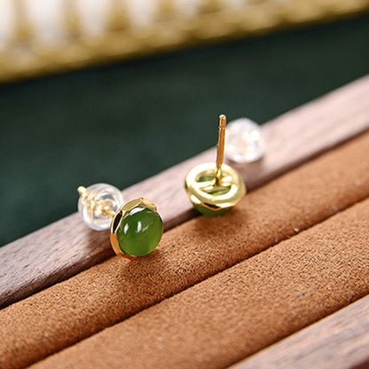 Mythstone 925 Sterling Silver Plated Gold Natural Hetian Cyan Jade Bead Luck Stud Earrings