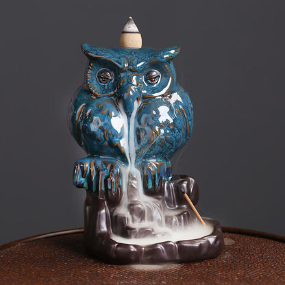 Mythstone Cute Owl Ceramic Backflow Smoke Fountain Meditation Healing Incense Burner Decoration