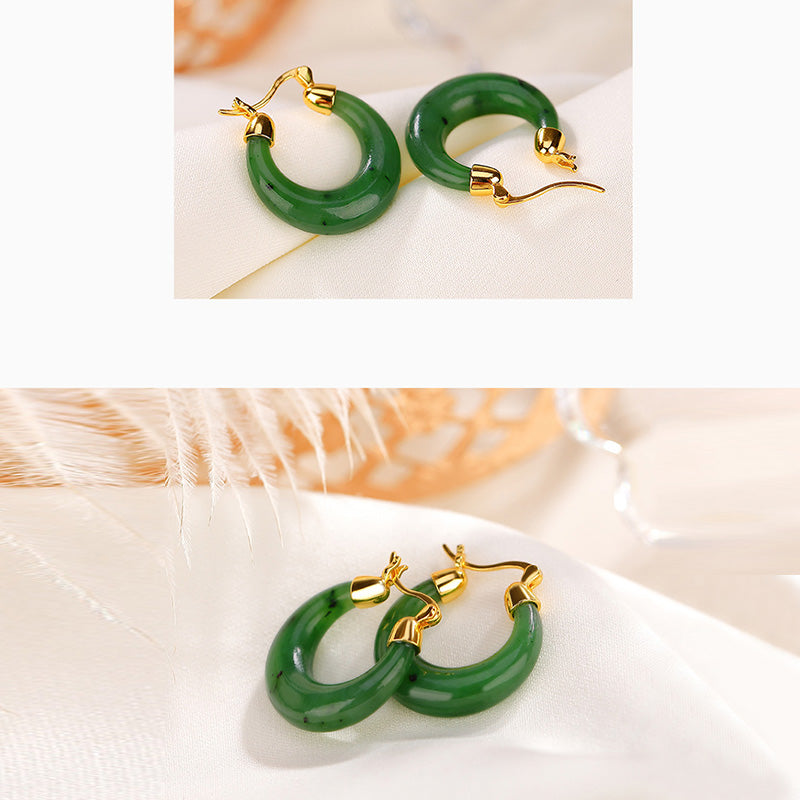 Mythstone 925 Sterling Silver Plated Gold Natural Round Hetian Cyan Jade Luck Drop Earrings