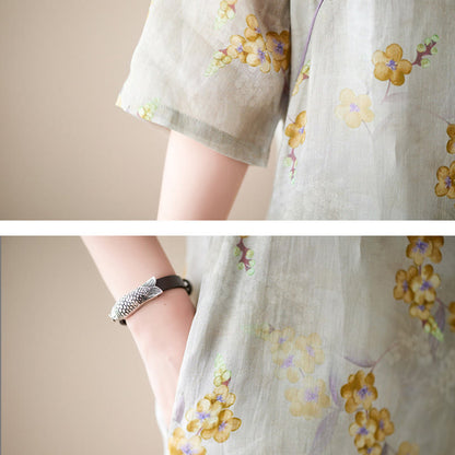 Mythstone Yellow Flowers Print Cheongsam Midi Dress Cotton Linen Half Sleeve Dress With Pockets