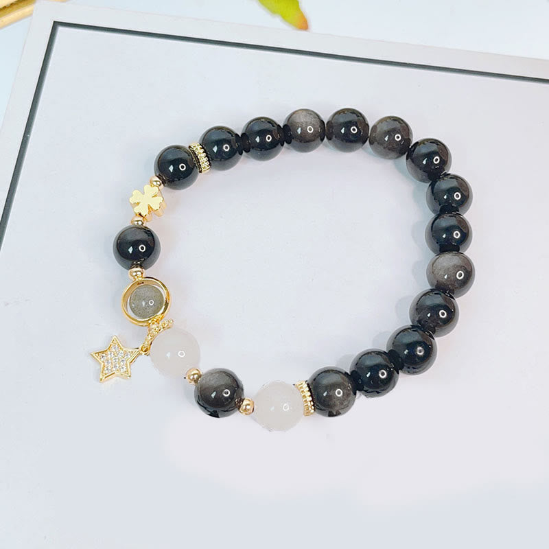 Pulsera de protección con forma de corazón, estrella y flor de obsidiana con brillo de plata natural Mythstone