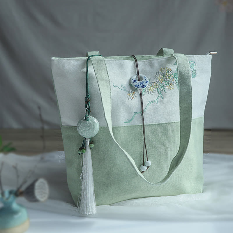 Mythstone Pear Flower Plum Peach Blossom Bamboo Embroidery Canvas Large Capacity Shoulder Bag Tote Bag