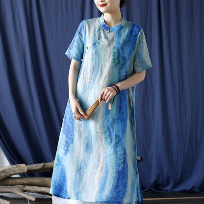 Mythstone Ramie Blue Digital Printing Cheongsam Dresses Short Sleeve Linen Dress