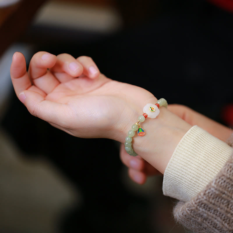 Mythstone 925 Sterling Silver Plated Gold Natural Hetian Jade Bead Gourd Lotus Bamboo Fu Character Luck Bracelet