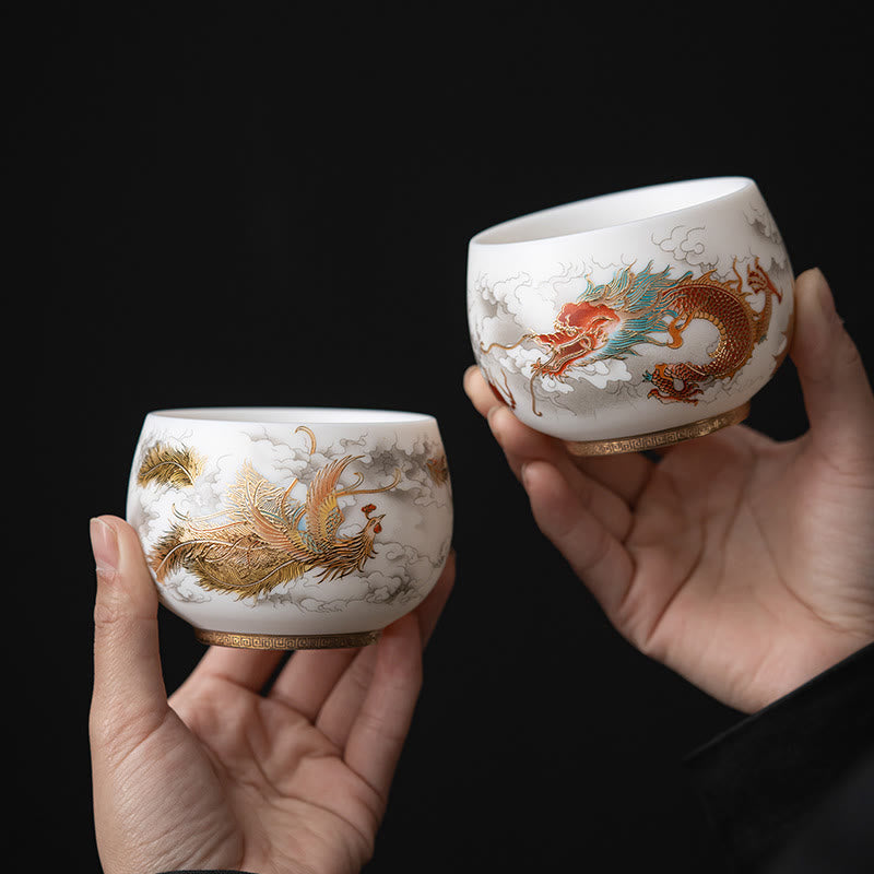 Mythstone Phoenix Dragon Lotus Deer Ancient Building Koi Fish Ceramic Teacup Kung Fu Tea Cups