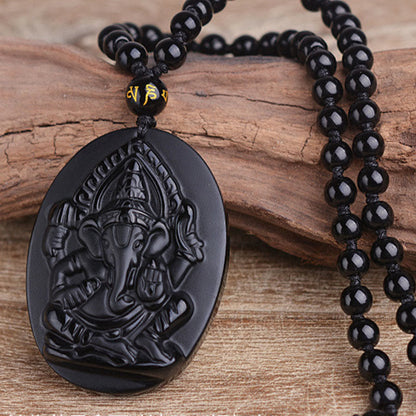 Mythstone Tibetan Obsidian Ganesh Ganpati Elephant Wealth Amulet Necklace