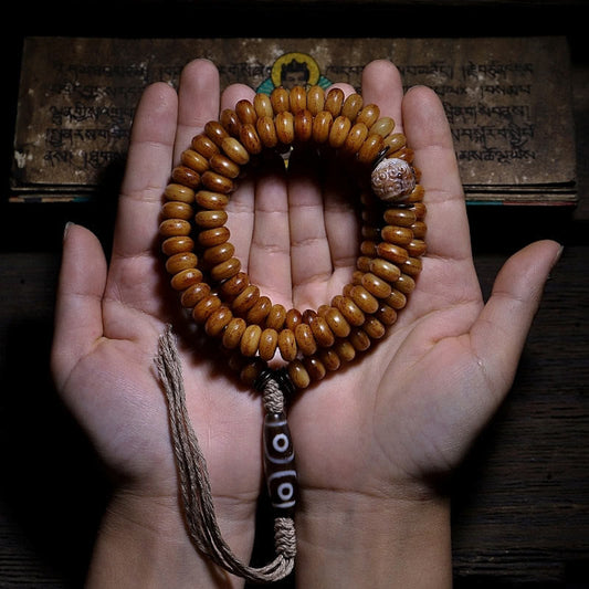 Mythstone Tibet 108 Mala Beads Yak Bone Three-eyed Dzi Bead Keep Away Evil Spirits Bracelet