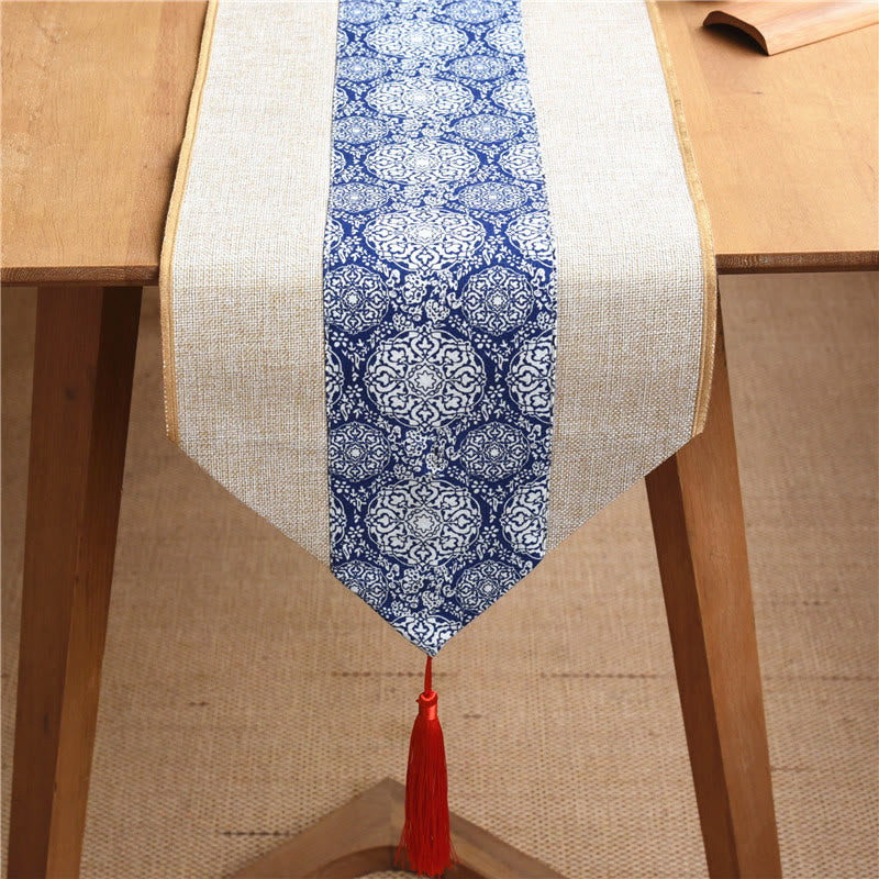 Mythstone Classic Chinese Style Lotus Koi Fish Flower Crane Calligraphy Enlightenment Cotton Linen Tassels Table Runner