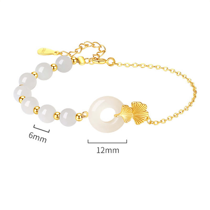 Mythstone 925 Sterling Silver Hetian White Jade Peace Buckle Ginkgo Leaf Luck Bracelet