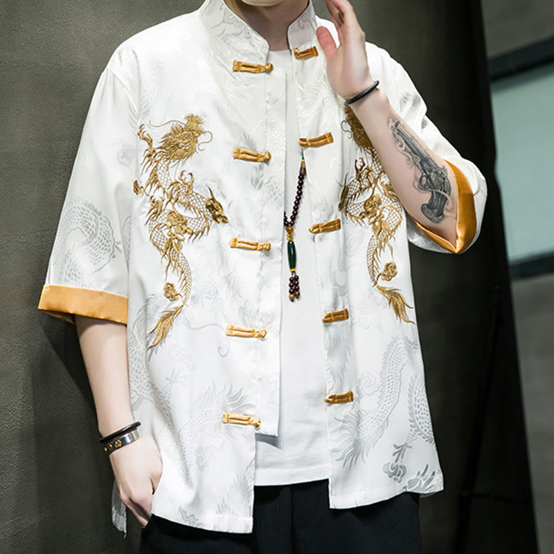 Mythstone Frog-Button Chinese Dragon Embroidery Half Sleeve Shirt Linen Men Clothing