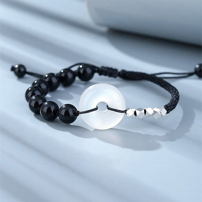 Mythstone 925 Sterling Silver Black Obsidian Agate Peace Buckle Strength Bracelet