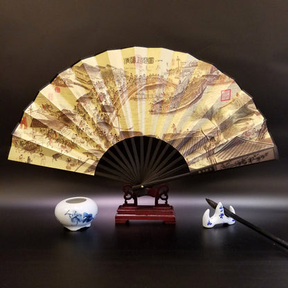 Mythstone Great Wall Mountains Trees Crane Bamboo Handheld Silk Bamboo Folding Fan 33.5cm