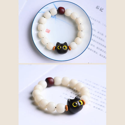 Pulsera de la sabiduría del gato de la suerte con hojas pequeñas de semilla de Bodhi natural de Mythstone, sándalo rojo y madera de ébano 