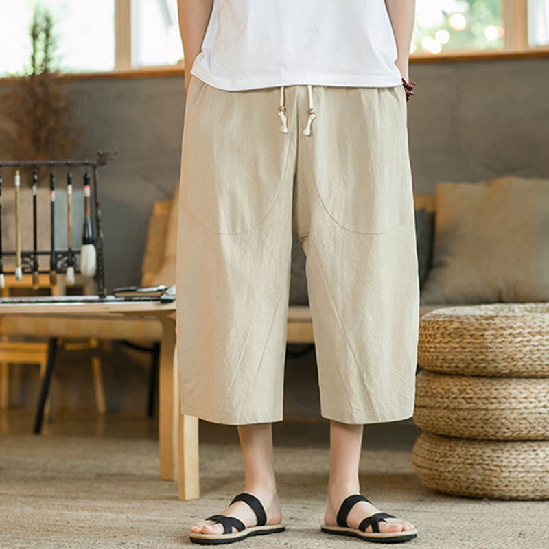 Mythstone Solid Color Mid-Length Wide Leg Pants Cotton Men's Wide Leg Pants With Pockets