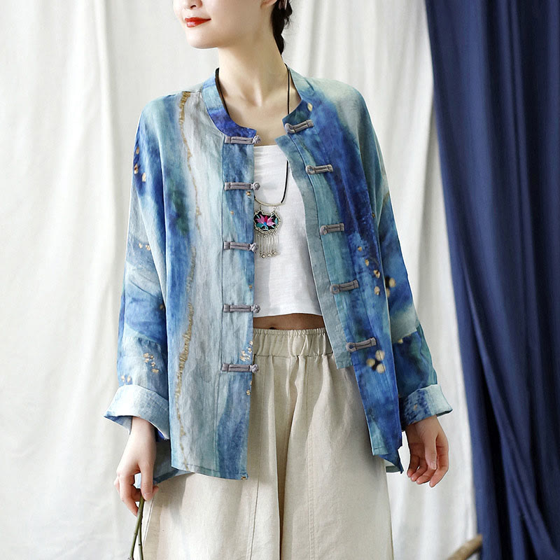 Mythstone Blue White Beige Small Flower Frog-button Design Long Sleeve Ramie Linen Jacket Shirt