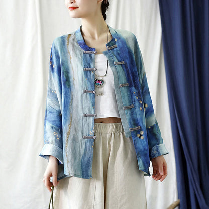 Mythstone Blue White Beige Small Flower Frog-button Design Long Sleeve Ramie Linen Jacket Shirt