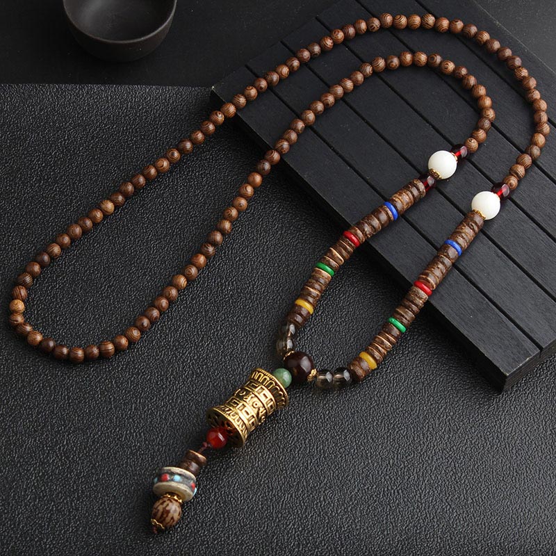 Mythstone Turquoise Dzi Bead Prayer Wheel Wenge Wood Meditation Necklace