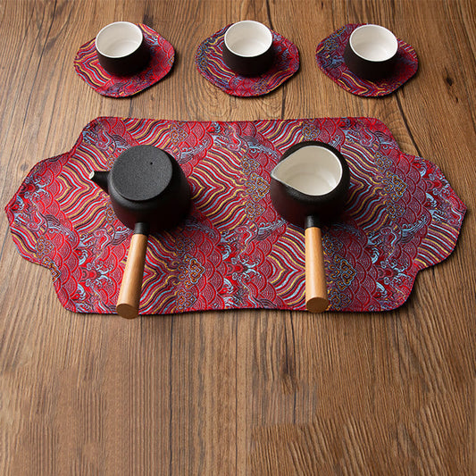 Mythstone Sea Wave Bamboo Plum Blossom Brocade Embroidery Cup Mat Pad Tea Cup Coaster Kung Fu Tea Mat