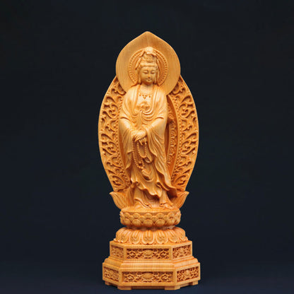 Mythstone Hecho a mano Thuja Sutchuenensis Madera Kwan Yin Avalokitesvara Decoración de prosperidad