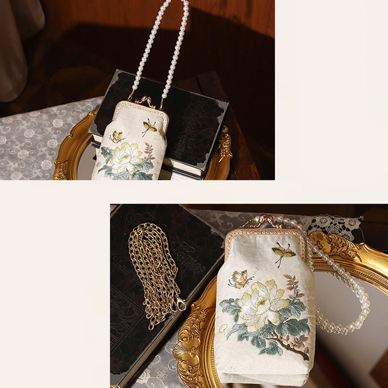 Mythstone Small Flowers Butterfly Embroidered Pearl Metal Chain Shoulder Bag Crossbody Handbag Cellphone Bag