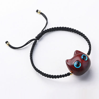 Mythstone Small Leaf Red Sandalwood Ebony Wood Cute Cat Head Calm Protection Braided Bracelet