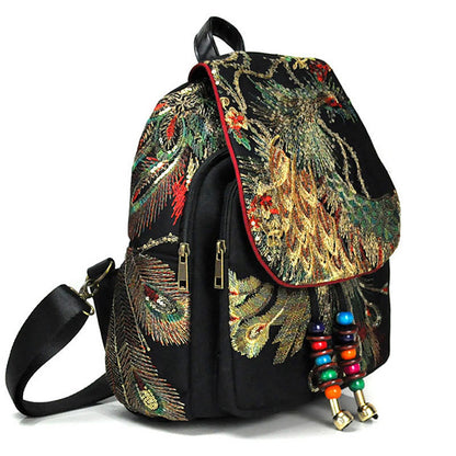 Mythstone Peacock Embroidery Canvas Tassel Backpack