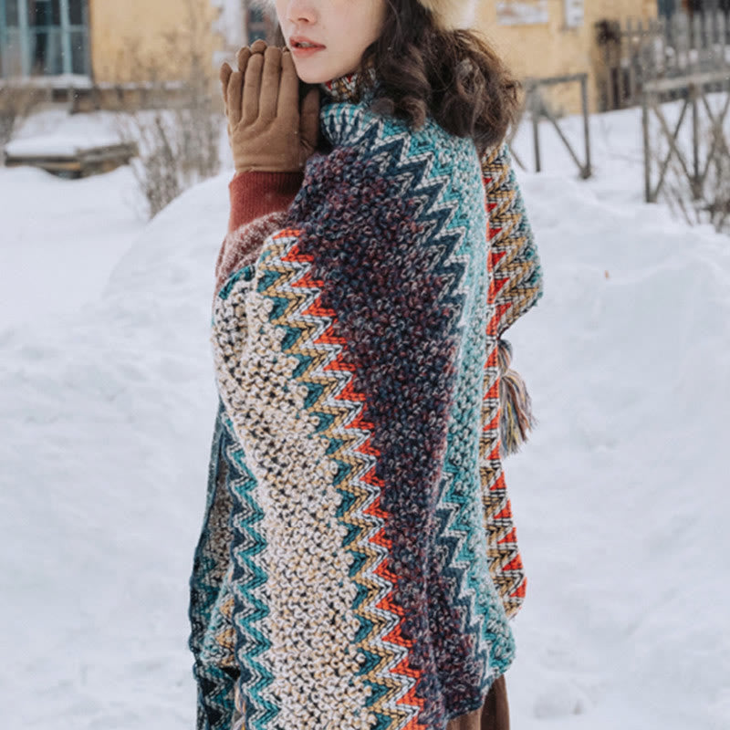 Chal tibetano Mythstone con estampado ondulado azul, beige y rojo, bufanda cálida con borlas para el invierno