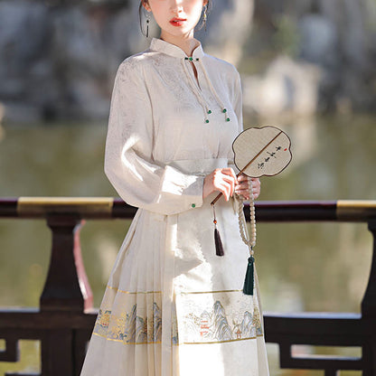 Mythstone Beige A Panorama of Rivers and Mountains Printed Chinese Hanfu Horse Face Skirt Mamianqun