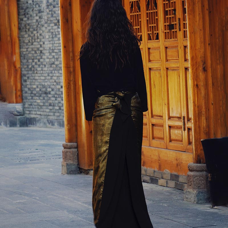 Mythstone Tibetan Dress Clothing Lhasa Gold Black Long Wrap Dress Maxi Dress Women Clothing