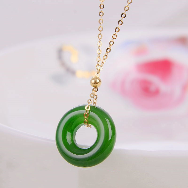 Mythstone Round Cyan Jade Healing 14K Gold Necklace Pendant